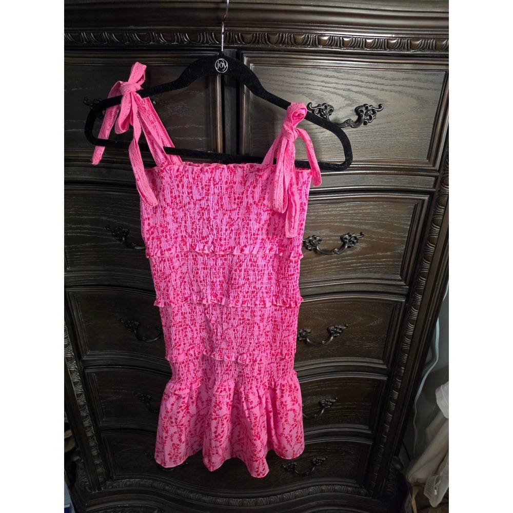Chouyatou Pink Floral Smocked Mini Dress Tie Shoulder Ruffle Hem QMDJL232 S